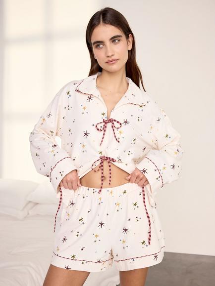 Chelsea Peers Starlight Short Cotton Blend Pyjama Set, Off White Print - view 2, Off White Print