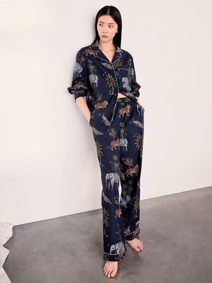 Chelsea Peers Twilight Safari Button Through Long Cotton Pyjama Set, Navy, Navy