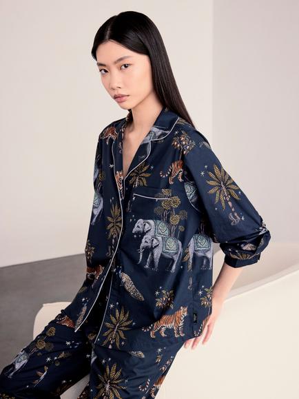Chelsea Peers Twilight Safari Button Through Long Cotton Pyjama Set, Navy - view 2, Navy