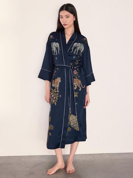 Chelsea Peers Moonlight Safari Print Kimono Dressing Gown, Navy, Navy
