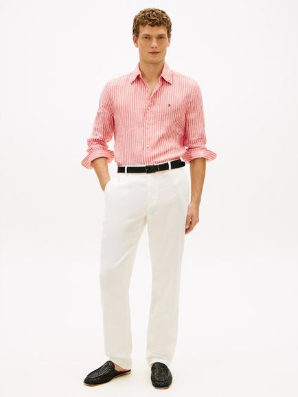 Tommy Hilfiger Linen Regular Fit Yarn-Dyed Stripe Shirt - view 2, Orange