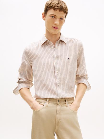 Tommy Hilfiger Linen Regular Fit Stripe Shirt, Beige/White