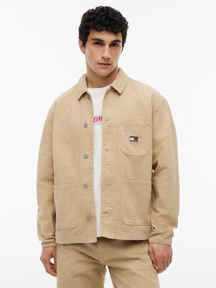 Tommy Hilfiger Cotton Oversized Fit Textured Canvas Overshirt, Beige, Beige