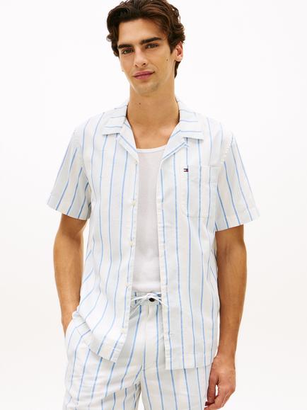 Tommy Hilfiger Cotton Regular Fit Stripe Cuban Collar Shirt, White/Blue, White/Blue
