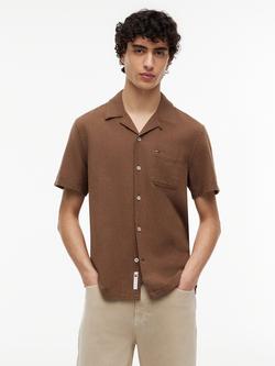 Tommy Hilfiger Linen Blend Regular Fit Camp Collar Shirt, Brown