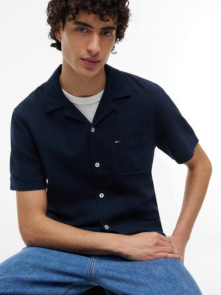 Tommy Hilfiger Linen Blend Regular Fit Camp Collar Shirt - view 2, Dark Blue