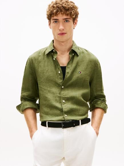 Tommy Hilfiger Linen Regular Fit Logo Shirt, Olive Green