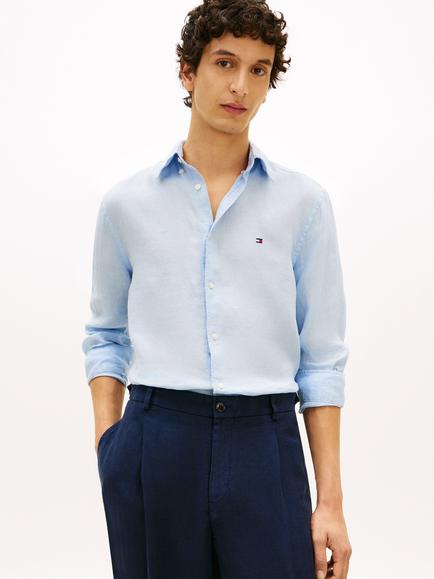 Tommy Hilfiger Linen Regular Fit Logo Shirt, Light Blue