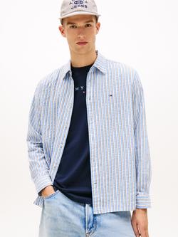 Tommy Hilfiger Cotton Regular Fit Semi-Spread Collar Seersucker Shirt, Blue/White/Brown, Blue/White/Brown
