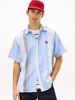 Tommy Hilfiger Cotton Relaxed Fit Stripe Logo Shirt, Light Blue, Light Blue