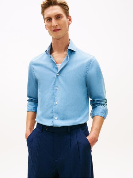 Tommy Hilfiger Cotton Slim Fit Cutaway Collar Shirt, Light Blue, Light Blue