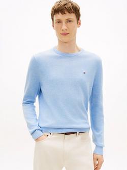 Tommy Hilfiger Combed Cotton Embroidered Flag Crew Neck Jumper, Light Blue, Light Blue