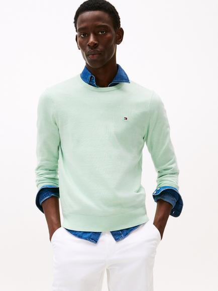 Tommy Hilfiger Flag Embroidered Combed Cotton Crew Neck Jumper, Light Green