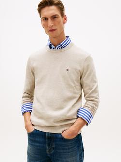 Tommy Hilfiger Flag Embroidered Combed Cotton Crew Neck Jumper, Beige