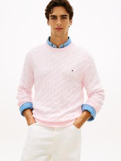 Tommy Hilfiger Flag Embroidered Cotton Cable Knit Crew Neck Jumper, Light Pink