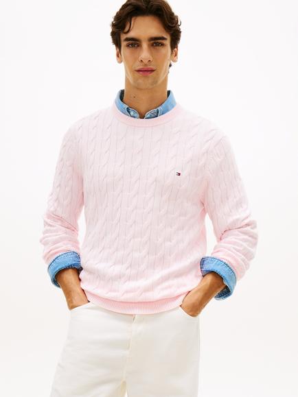 Tommy Hilfiger Flag Embroidered Cotton Cable Knit Crew Neck Jumper, Light Pink