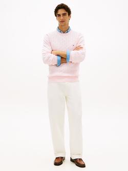 Tommy Hilfiger Flag Embroidered Cotton Cable Knit Crew Neck Jumper - view 2, Light Pink