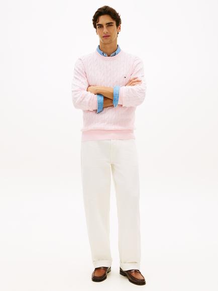 Tommy Hilfiger Flag Embroidered Cotton Cable Knit Crew Neck Jumper - view 2, Light Pink
