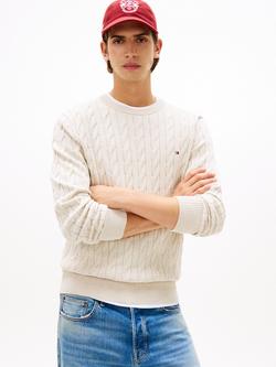 Tommy Hilfiger Flag Embroidered Cotton Cable Knit Crew Neck Jumper, Beige