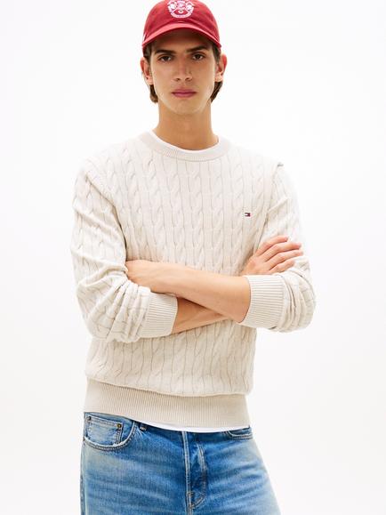 Tommy Hilfiger Flag Embroidered Cotton Cable Knit Crew Neck Jumper, Beige