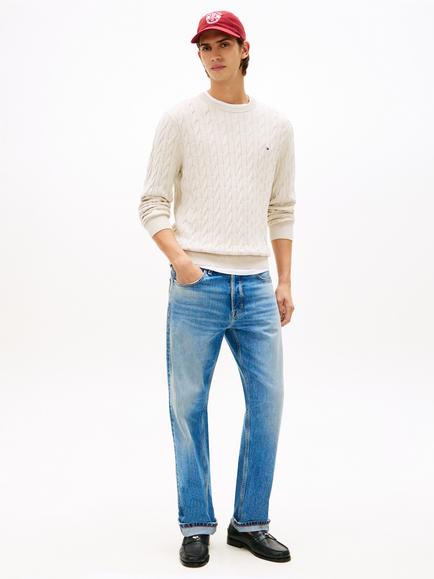 Tommy Hilfiger Flag Embroidered Cotton Cable Knit Crew Neck Jumper - view 2, Beige