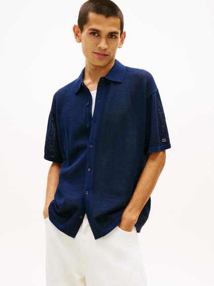 Tommy Hilfiger Smart Casual Cotton Textured Waffle Knit Shirt, Navy, Navy