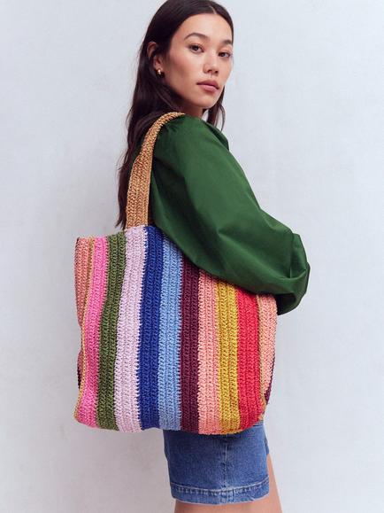 Boden Stripe Raffia Shopper Tote Bag, Multi - view 2, Multi