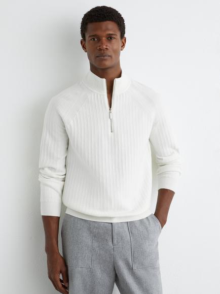 Reiss Aldershot Fine Knit Zip Neck Jumper, White