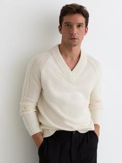 Reiss Hawthorne Wool Blend Rib Detail V-Neck Jumper, White, White