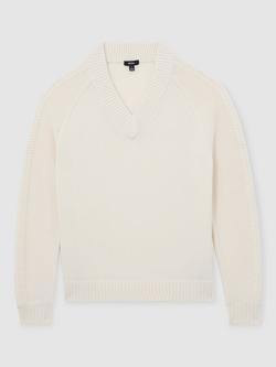 Reiss Hawthorne Wool Blend Rib Detail V-Neck Jumper, White - view 2, White