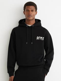 Reiss Newton Cotton Logo Print Hoodie, Black, Black