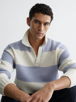 Reiss Winger Cotton Blend Open Collar Rugby Jumper, White/Soft Blue - view 2, White/Soft Blue