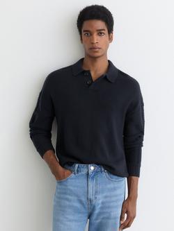 Reiss Elm Wool Rich Long Sleeve Polo Shirt, Navy, Navy