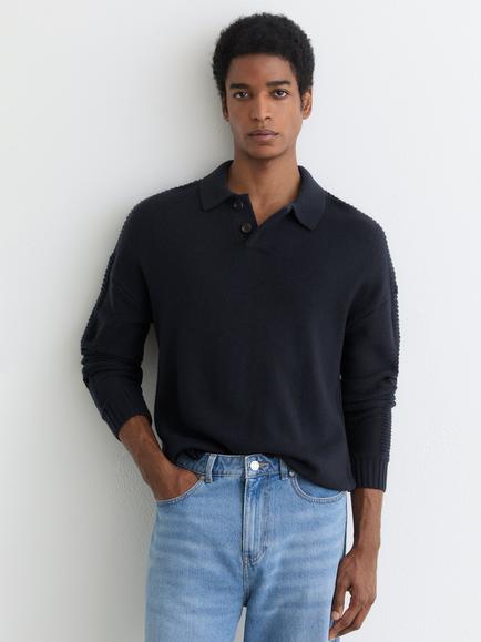 Reiss Elm Wool Rich Long Sleeve Polo Shirt, Navy, Navy