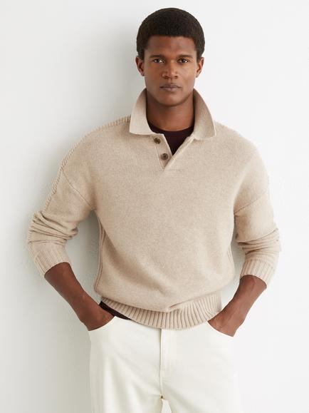 Reiss Elm Wool Rich Long Sleeve Polo Shirt, Oatmeal, Oatmeal