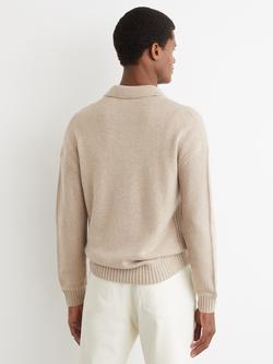 Reiss Elm Wool Rich Long Sleeve Polo Shirt, Oatmeal - view 2, Oatmeal