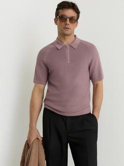 Reiss Estate Textured Knit Half Zip Polo Shirt, Plum