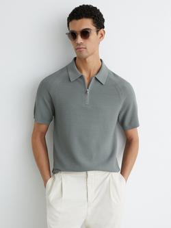Reiss Estate Textured Knit Half Zip Polo Shirt, Sage