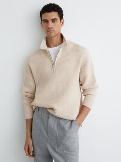 Reiss Prop Textured Long Sleeve Polo Shirt, Oatmeal - view 2, Oatmeal