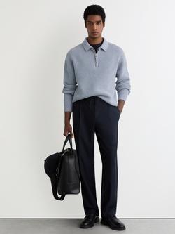 Reiss Prop Textured Long Sleeve Polo Shirt, Blue, Blue