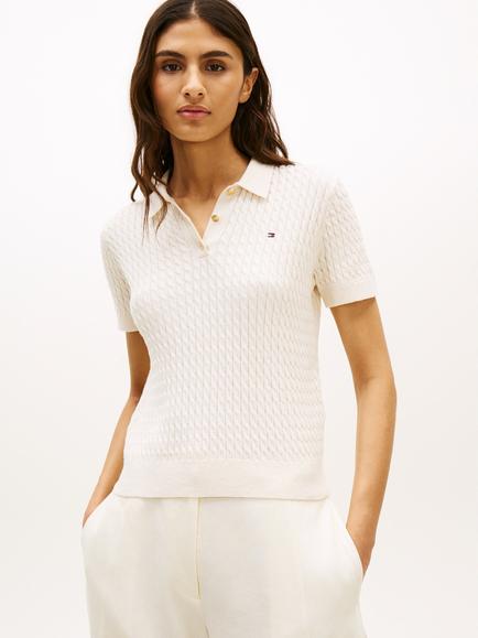 Tommy Hilfiger Logo Cable Knit Top, Heather Ivory Petal, Heather Ivory Petal