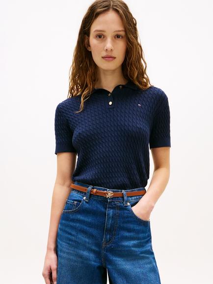 Tommy Hilfiger Cable Knit Polo Shirt, Dark Night Navy, Dark Night Navy