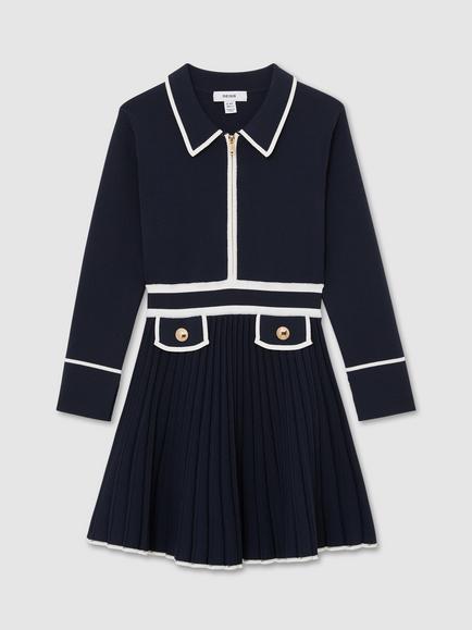 Reiss Kids' Anne Long Sleeve Zip Front Dress, Navy, Navy
