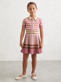 Reiss Kids' Cotton Collared Stripe Knit Dress, Pink, Pink