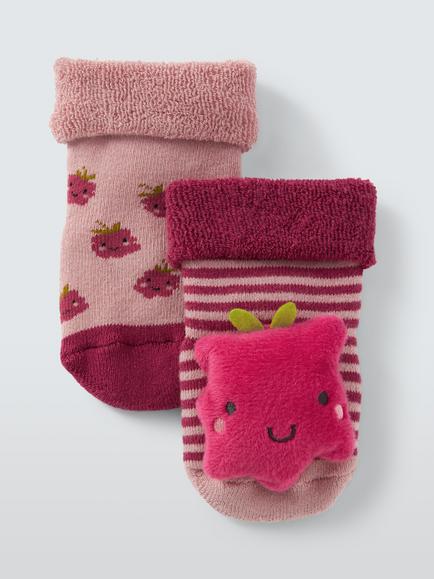John Lewis Baby Organic Cotton Rich Rasberry Rattle Socks, Pack of 2, Multi, Multi