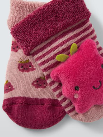 John Lewis Baby Organic Cotton Rich Rasberry Rattle Socks, Pack of 2, Multi - view 2, Multi