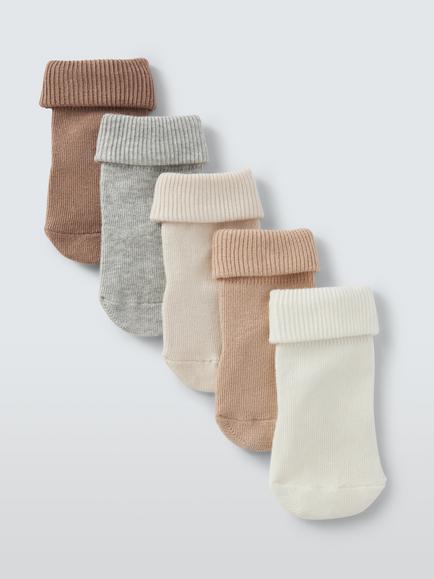 John Lewis Baby Organic Cotton Rich Roll Top Ribbed Socks, Pack of 5, Natural