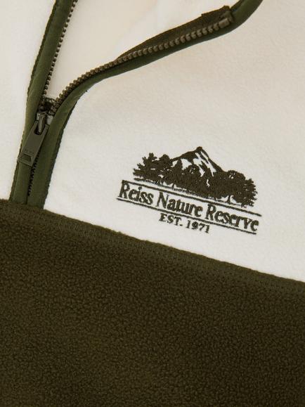 Reiss Kids' Nature Reserve Colour Block Zip Fleece, Ivory/Khaki - view 2, Ivory/Khaki