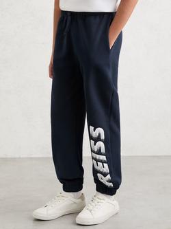 Reiss Kids' Cotton Logo Print Cuffed Joggers, Navy, Navy