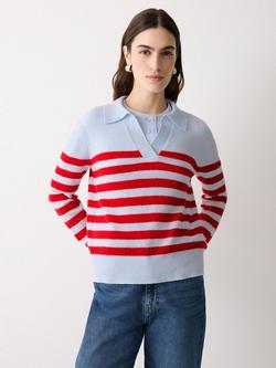 Jigsaw Polo Neck Stripe Wool Rich Jumper, Pale Blue/Red, Pale Blue/Red